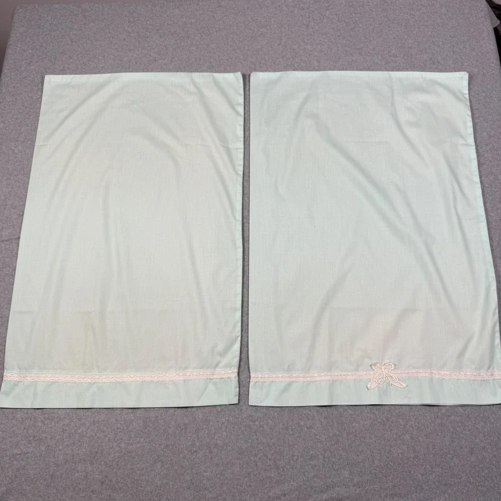 Vintage Mint Green Pillowcase Pair Lace Trim Butterfly Applique Standard Size